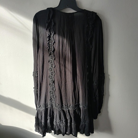 Free People Size Small‎ Snow Angel Mini Dress Black Long Sleeve Bohemian Slip - Picture 11 of 13